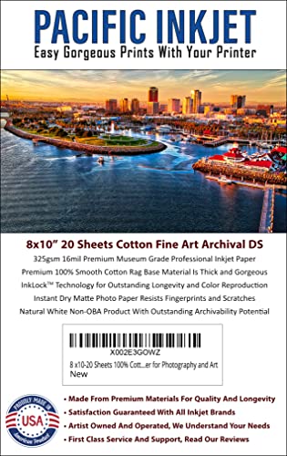 (8-x-10) 20 Sheets 100% Cotton Fine Art Matte Double Sided Inkjet Paper - 16mil 325gsm See Description for Compatibility Info Before Purchase - OBA Free Archival Grade Inkjet Media