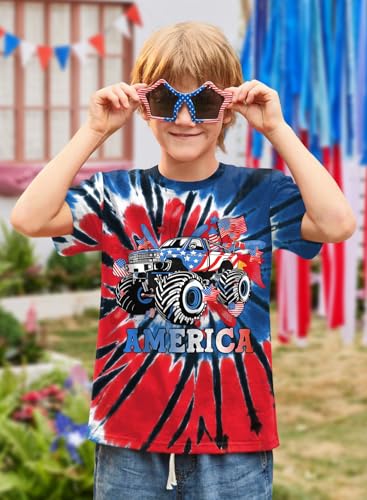 Image of BesserBay Unisex Kids 4th of July American Flag Tee Tie Dye Patriotic Short Sleeve Shirt 6-14 Years
