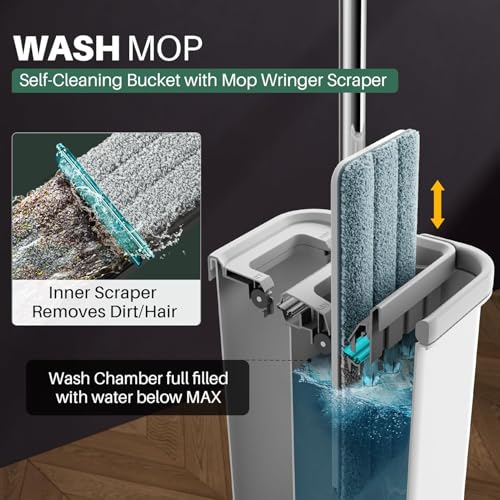 JOYMOOP Mop and Bucket with Wringer Set and Floor Cleaner Pods, Flat Floor Mop with 3 Reusable Microfiber Pads, Wet and Dry Use, Freesia Scent Pack of 15 Pacs for Floor Cleaning