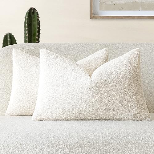Image of Foindtower Pack of 2, Curly Faux Fur Decorative Throw Pillow Covers Soft Neutral Plush Cushion Case Cozy Fluffy Furry Boho Pillowcase for Home Living Room Couch Bed Sofa 12 x 20 Inch, Cream White