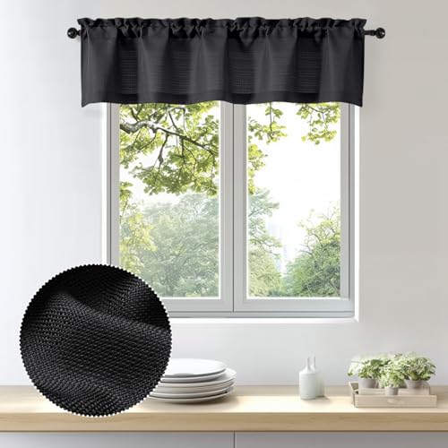 OWENIE Bob 1 PCS Black Valances for Windows, Faux Linen Textured Kitchen Window Curtains Valance for Bedroom Living Room, Modern Soft Airy Solid Rod Pocket Bathroom Cafe Curtain, 60Wx14L Inch