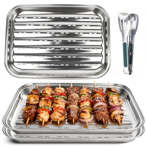 Niuny Bandejas para Barbacoa con Pinza 34,9x24,5x2,7 Juego de 3 Pcs Bandeja Barbacoa con Agujeros Reutilizable Bandejas Acero Inoxidable Plata Bandeja para Parrilla para Asar Verduras Carne y Pescado
