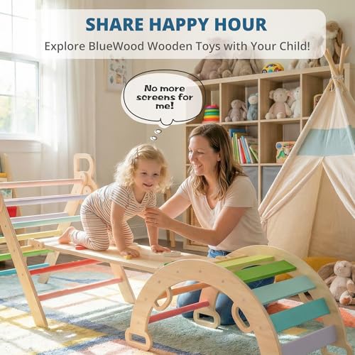 Image of BlueWood Pikler Triangle Set, Toddler Wooden Climbing Toys Indoor 7in1 Foldable Climber for Kids, Montessori Philosophy Play Jungle Gym with Arch, Ramp, Ladder (Colorful Spring)