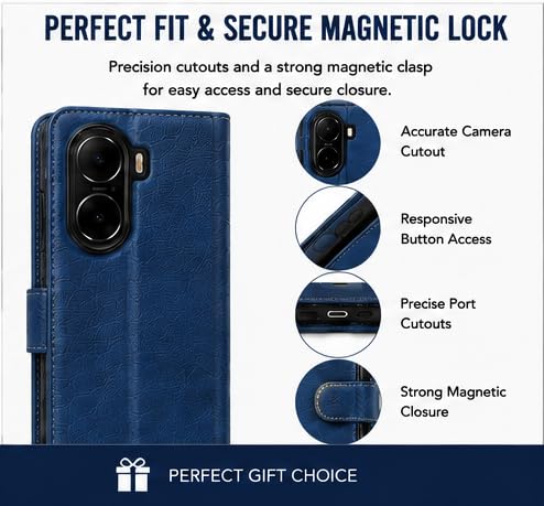 Image of HushLush Premium Flip Cover Compatible for Redmi A7 Pro | Shockproof Wallet Style Protective Case with Card Slots, Magnetic Closure, Stand Function & Full Body Protection (Dual Tone Metallic) (Blue)