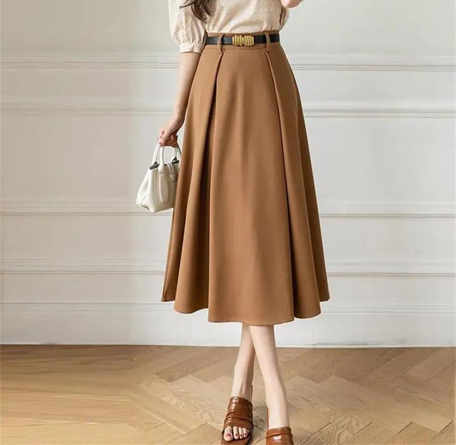 Women's High Waist A Line Midi Skirt Solid Loose Swing Office Skirt with Belt3