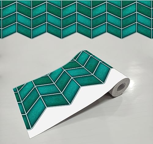 Image of WallDesign AquaGreen Chevron Tile Sticker - 4 in X 10 Feet Self-Adhesive Durable Border Roll for Bathroom, Kitchen, Counter, Wall, Home Decoration
