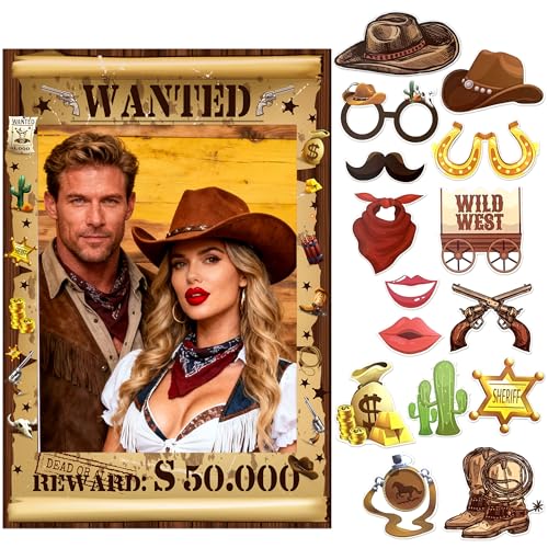 Cowboy Photo Booth Props Kit Vintage Western Party Decorations Cowboy Cowgirl Selfie Frame Photo Props Western Rodeo Birthday Bachelore Party Favors Supplies
