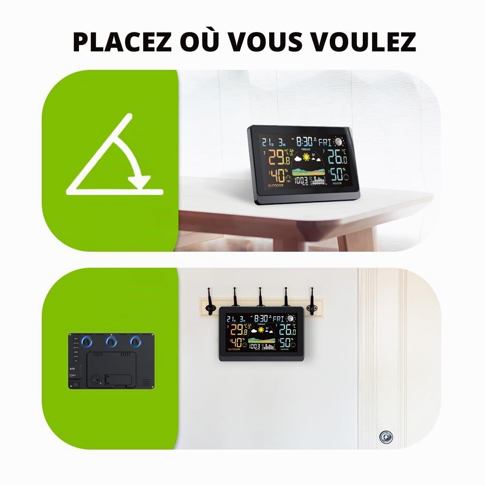 7,5 pouces DC Gros Station Météo Interieur Exterieur Sans Fil,Écran VA de couleur avec indication de la température intérieure et extérieure ainsi que de l'humidité