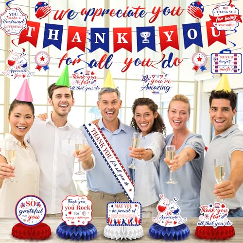 Image of We Appreciate You Party Decorations Red Blue Thank You for All You Do Banner Honeycomb Centerpieces Hanging Swirls Kit Decor for Men Office Employee Pastor Teacher Doctor Appreciation Party Supplies