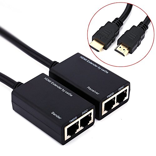 JahyShow HDMI Extender Over RJ45 CAT5e CAT6 LAN Ethernet Network Balun Adapter Repeater Up to 100ft 1080P HDMI Cable, 30M Sender + Receiver, 2 Ports RJ45
