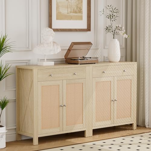 31" Buffet Cabinet with Storage, Rattan Decor Doors, Sideboard Ca...