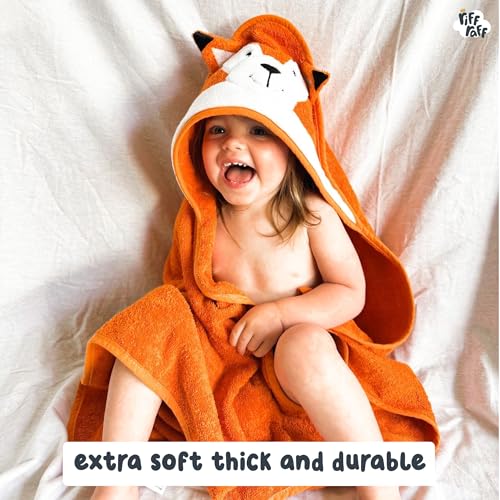 Image of Riff Raff Sweet Fox Hooded Towel - Premium Cotton Baby Towel with Mitt Set - Ultra Soft Machine Washable Cartoon Hooded Baby Towels - Baby Towels with Hood for Newborn Baby, Infants, Toddlers