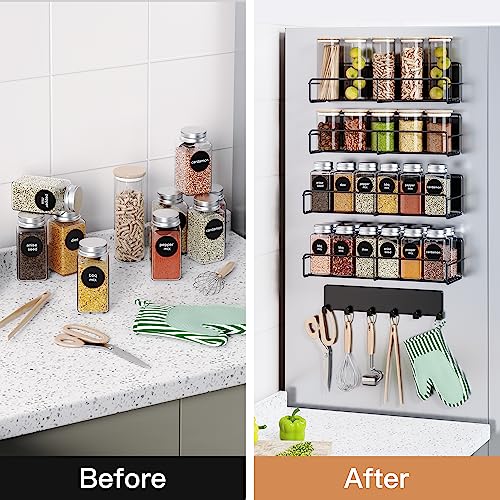 Image of 5-Pack Moveable Magnetic Spice Rack Organizer With 6 Hooks for Refrigerator, Metal Fridge Shelf, Black
