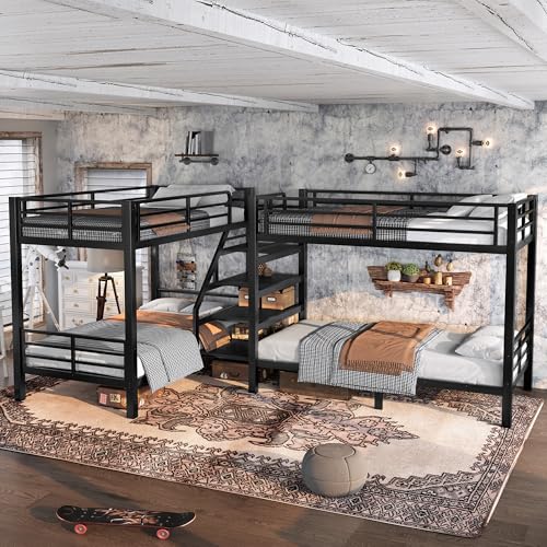 Bellemave Metal Quad Bunk Bed with Stairs for 4 L-Shaped Twin Size Quad Bunk Bed Frame Heavy Duty Bunk Beds for Kids Teens Adults Black