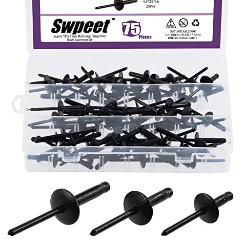 Swpeet S1966 120Pcs 3/16 inch x 3/8 inch / 4/5 inch / 1 inch All Black Large Flange Aluminum Blind Rivets Kit, Silver Pop Rivets Open End Type Pop Rivet for Indoor and Outdoor Use
