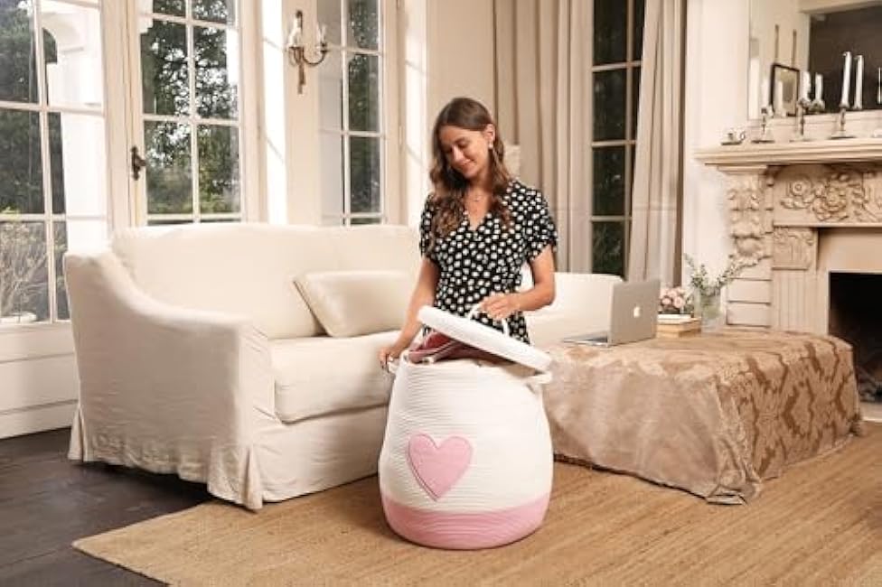 20 x 20 Extra Large Cotton Rope Storage Basket with Lid ¨C Flagon Design ¨C Perfect for Clothes, Blankets, and Living Room Organization (Pink Heart, 20x20)