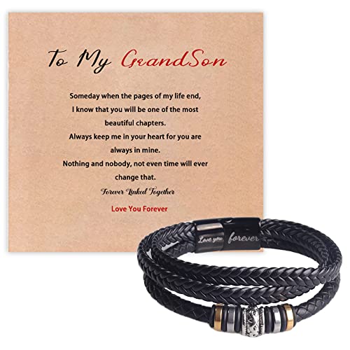 To My Grandson Braided Bracelet Leather Rope Bracelet Leather Bracelet for Men Genuine Multi-Layer Wrap Braided Leather Cuff Bangle Bracelet To My Grandson for Birthday anniversary Gifts