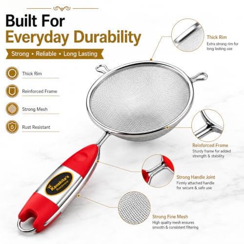Image of Kanshita's Rasoiware Small Stainless Steel Soup & Juice Strainer 11 cm | Fine Mesh Kitchen Chalni for Juice, Soup, Gravy, Stock & Liquid Filtering | Rust Resistant Handle | Silver