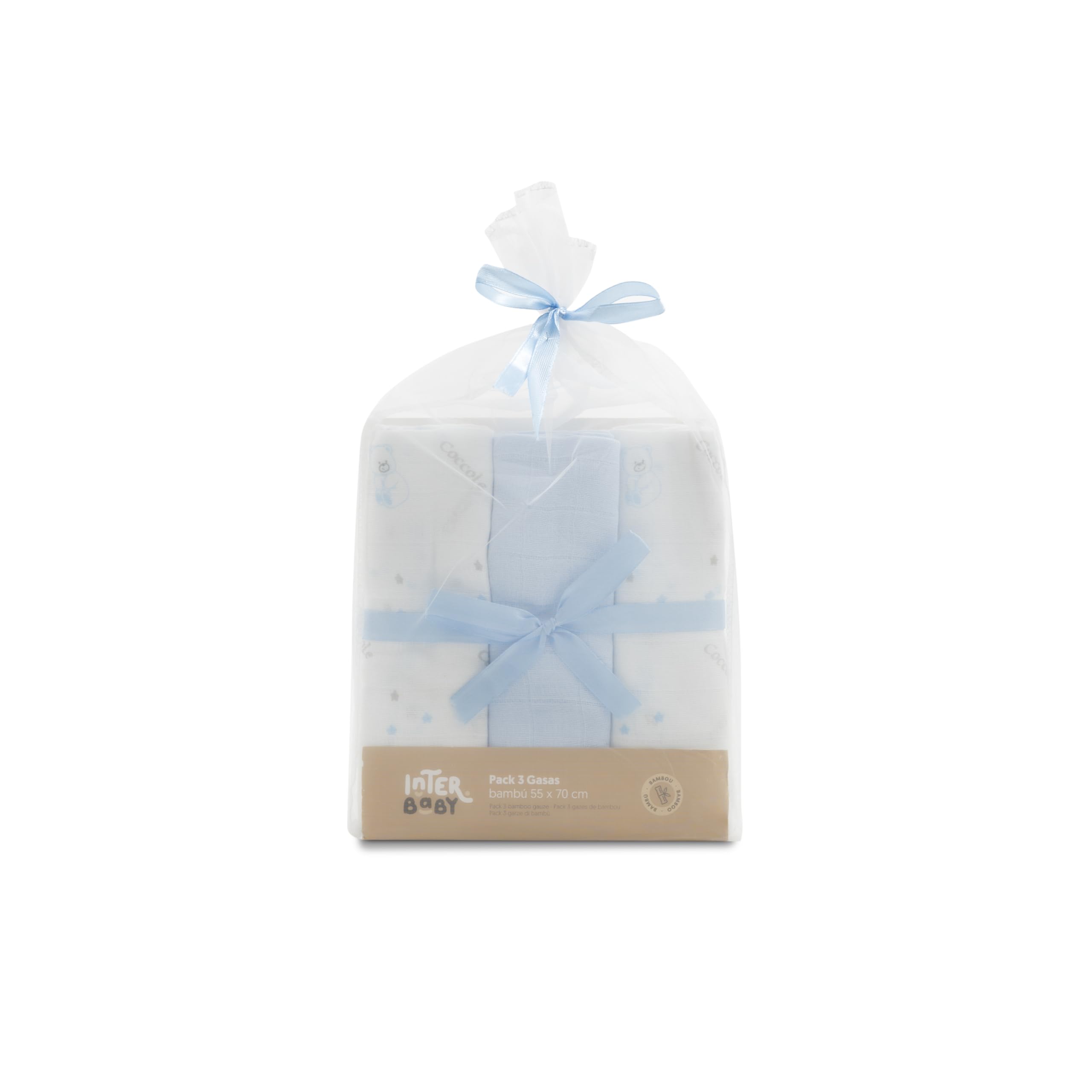 INTERBABY Pack of 3 Muslin Cloths Made of Bamboo and Cotton Bear Blue 55 x 70 cm Absorbent and Breathable and Ideal for Cleaning, Wiping and Covering Newborns