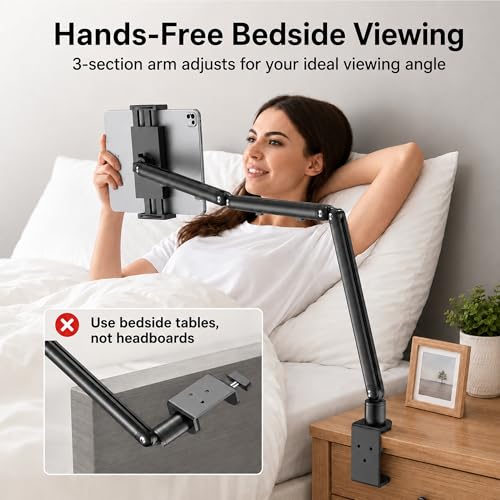 Image of iPad Holder For Desk, Adjustable Tablet Arm iPad Desk Mount with C-Clamp | 30 inch Foldable Long Arm & 360 Rotation, Fits 4.7 inch-15.6 inch iPad Pro /Air /Mini, Phones & 15.6 inch Portable Monitors For Desk /Bed Use
