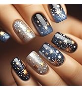 24Pcs Stars Press on Nails Starry Sky Stick on Fingernails Milky Way Acrylic Short Square Fake Na...