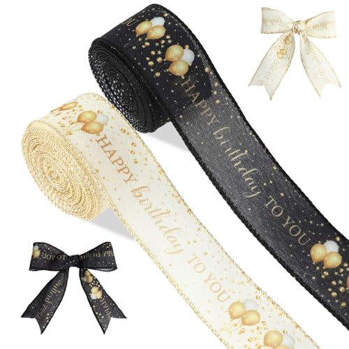 2 Rouleaux Ruban Cadeau Ruban Noir et Blanc 40mm x 9m Joyeux Anniversaire Rubans Happy Birthday Imprimé Rubans pour Fête Anniversaire Emballage Cadeau...