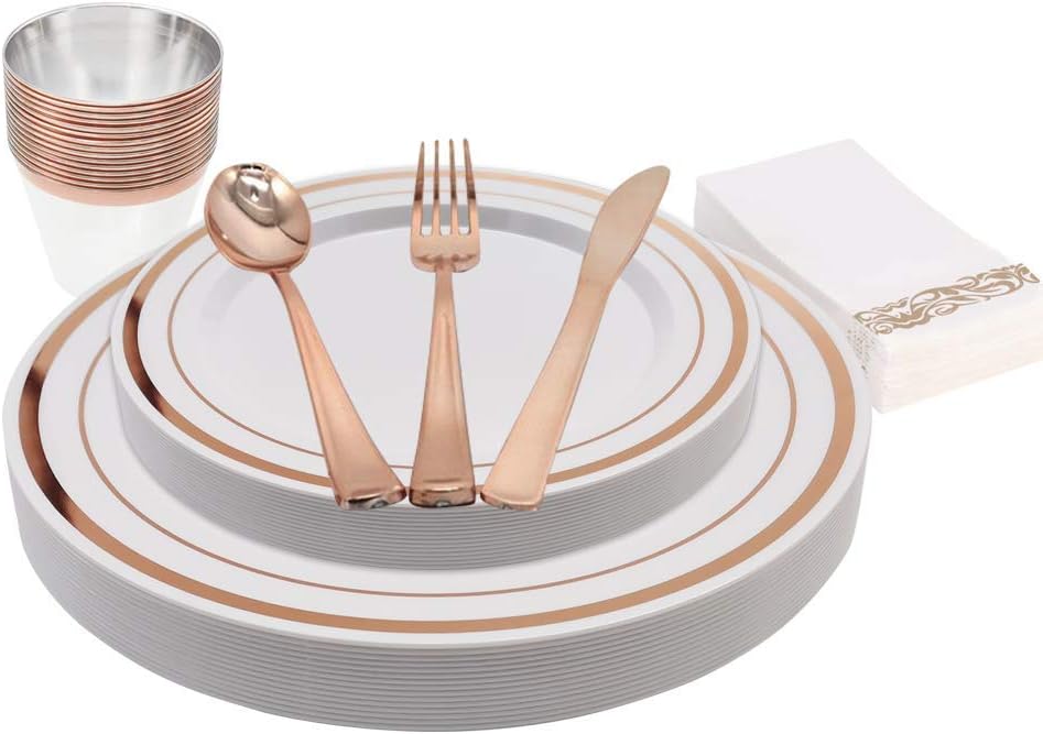 KAPATI 105 Piece Guest Rose Gold Disposable Plastic Dinnerware Set Including 15 Dinner Plates, 15 Salad Plates, 15 Spoons, 15 Forks, 15 Knives, 15 Cups, 15 Linen Like Napkins (Rose Gold - 105 Piece)