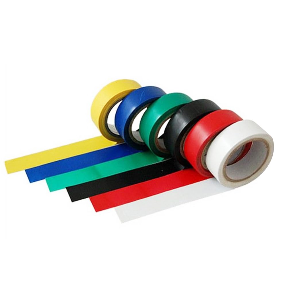 6 Rolls of PVC Electrical Tape. 6 Colours - Black, White, Red, Green, Yellow, and Red for Colour Coding Wires Safely. Each Roll Approx 2.7m (270cm) - Great for Electrical Jobs