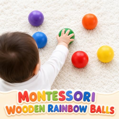 Image of Bucherry 6 Pcs Montessori Wooden Balls 1.8 Inch Wooden Replacement Ball Educational Counting Toys Preschool Learning Material and Stacker Matching (Bright Color)