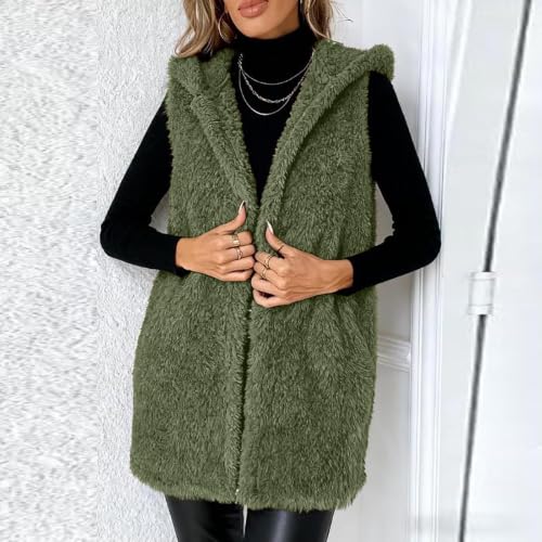 Womens Fuzzy Fleece Vest Hooded Longline Open Front Casual Winter Layering - image 2