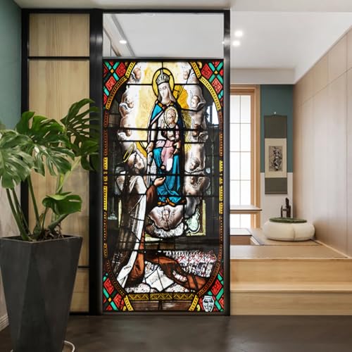 Church Style Stained Glass Window Film Decorative Privacy Non Adhesive Window Stickers for Home Office J20 90x180cm(35.4