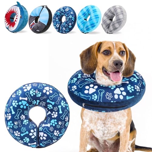 Image of SCENEREAL Dog Cone Alternative After Surgery Donut Collar, Soft Pet Recovery Pillow Collar for Medium Large Dogs, Inflatable Adjustable Neck Collars to Prevent Licking, Bone and Paw Print E-Collars