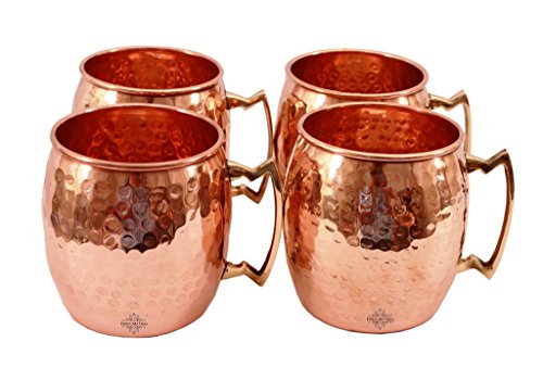 Indian Art Villa Pure Copper Round Shaped Moscow Mule Beer Mug with Shine Hammered Design, Handcrafted, Ideal for Cocktails and Beverages, Volume- 18 Oz, Set of 4