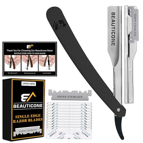 Image of BEAUTICONE Straight Razors for Men - Professional Barber Straight Edge Razor Kit with Replaceable Single Edge Blades - Navajas Para Barbero - Pouch Gift Box (Black (Mirror Finish))