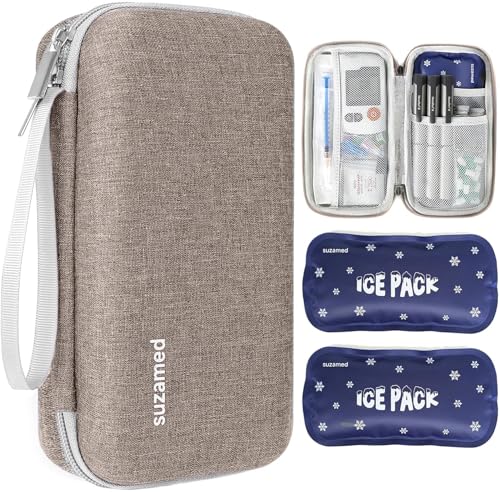 Image of suzamed Insulin Cooler Travel Case, 2x150g Ice Pack TSA Approved, Brown | EVA Insulation Travel Medicine Kit for 1-5 Pens & Diabetic Supplies, Diabetes Care, Portable Handle for Daily Use & Trip