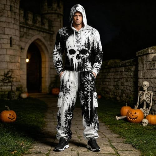 mens skeleton hoodie costume sweatsuit outfit,halloween hoodies costumes,men halloween skeleton costume 2 piece tracksuit funny scary skull print hoodie sweatshirt jogger pants outfits 01 White S — view 3