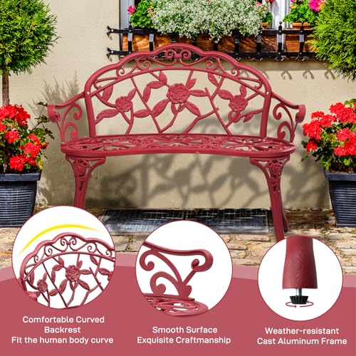 Image of VINGLI 38.5 inch Patio Park Garden Outdoor Metal Rose Bench, 2-Person Cast Iron Cast Aluminium Frame Antique Finish Chair,Accented Lawn Front Porch Path Yard Decor Deck Furniture (Red, Rose)