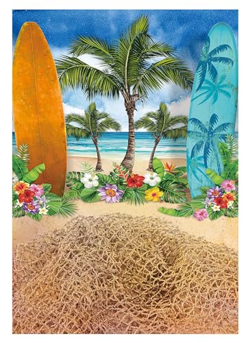 Allenjoy Summer Beach Ocean Backdrops for Photography Blue Sky Seaside Surfboard Background Tropical Palm Trees Kids Girls 1st Birthday Party Decor Banner Baby Shower 5x7ft Photoshoot Photo Booth Prop