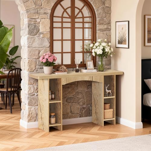 Image of Sonharlar 55 Inch Entryway Table Single-Shelf Cabinet, 1.6 Inch Thick Desktop Wooden Console Table with Socket Farmhouse Sofa Table for Entrance, Hallway, Living Room,Behind Couch(Natural Brown)