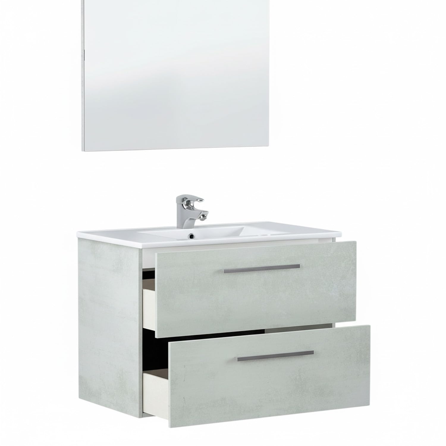 Bricozone Mobile Bagno Sospeso 80 Cm Con Lavabo In Ceramica E Specchio Grigio Cemento 2 Cassetti Soft Close Design Moderno Salvaspazio Per Bagno Contemporaneo (Mobile Lavabo e Specchio)