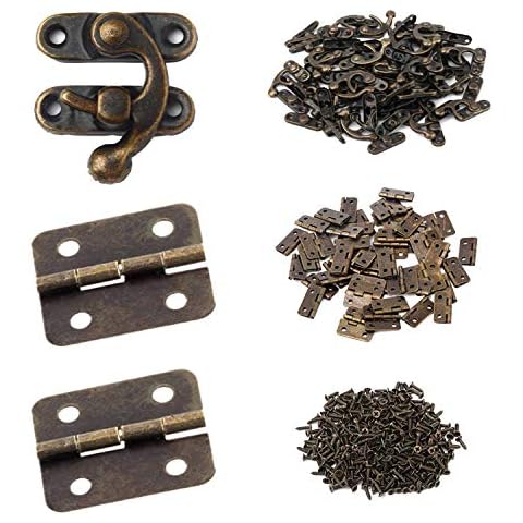 HOWDIA 25 Sets Antique Right Latch Hook Hasp and 50 Sets Antique Bronze Small Box Mini Hinges with Replacement Screws for Wood Jewelry Box, Bronze Tone Cover
