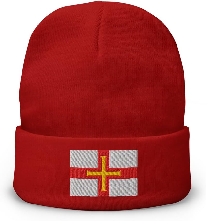 Guernsey Beanie - Flag of Guernsey Embroidered Cuffed Winter Beanie Hat - Guernsey Island Channel Islands Souvenir Gifts