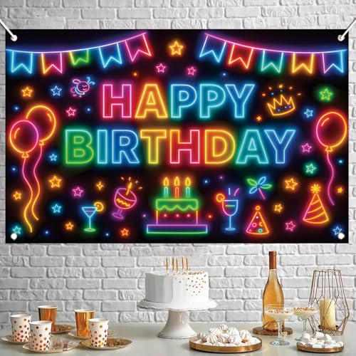 Fondo de cumpleaños neón colorido 71x43 pulgadas miniatura 6