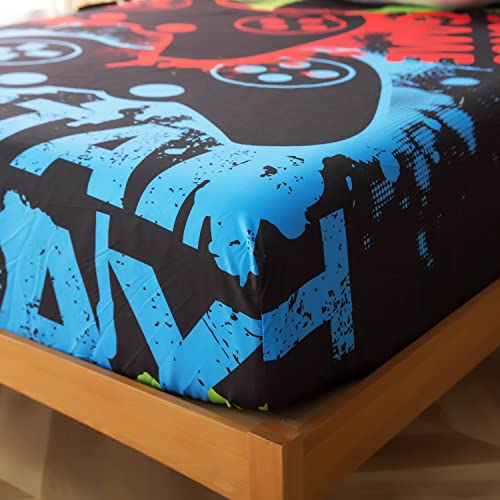 Qjmiaofang Gaming Fitted Sheet Queen Size For Kids Gamer Bedding Set 3Pieces Boys Girls Video Games Bed Sheet Set Soft Microfiber Game Pad Controller Bed Set With 2 Pillowcases For Home #TOP2
