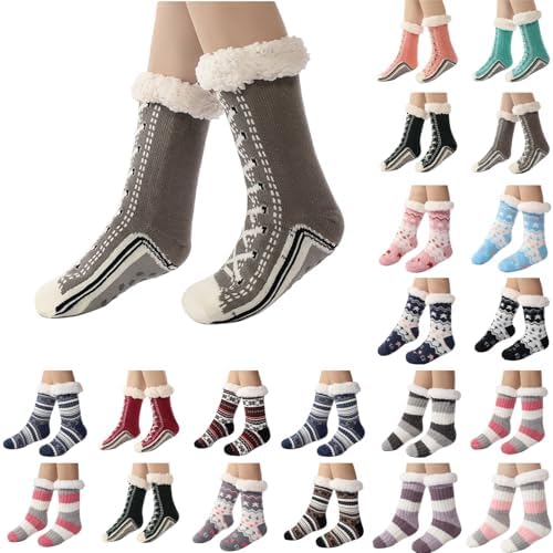 Women's Knit Slipper Socks with Non-slip Grippers Warm Fuzzy Fluffy Sherpa Lined Socks Comfy Cozy Christmas Gifts