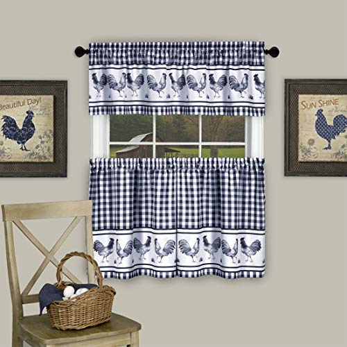 Light Filtering Printed Tier & Valance Window Curtain Set, 24 x 58 in, Navy