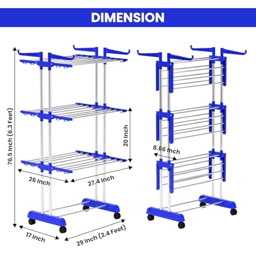 Image of TEKCOOL Foldable Cloth Drying Stand Stainless Steel - 3 Tier Heavy-Duty Clothes Dryer for Balcony, Indoor & Outdoor Use | with Wheels & Hanger Slots | Rust-Proof Laundry Rack (Blue, 3 TIRE):