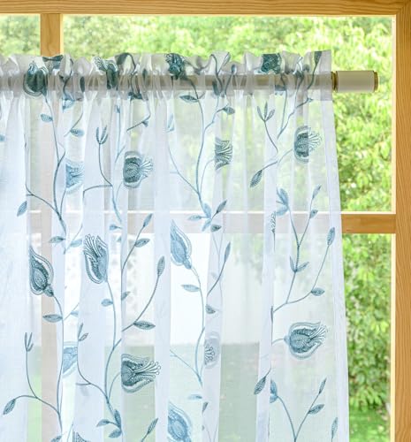 Image of Floral Embroidery Sheer Curtains Blue 63 Inches, Rod Pocket Voile Drapes for Living room, Bedroom, Window Treatments Semi Crinkle Curtain Panels for Yard, Patio, Villa, Parlor, Set of 2, 52 inchx 63 inch.
