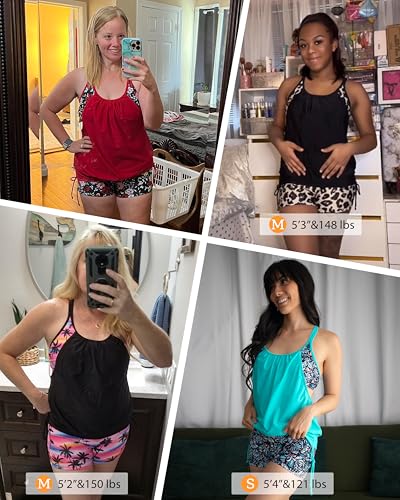 Image of Holipick Blouson Tankini Swimsuits for Women - Two Piece Tummy Control Bathing Suit with Shorts Modest Swimwear