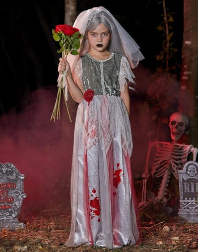 Halloween Girls Zombie Bride Dress with Veil Headband 4-14 Years2